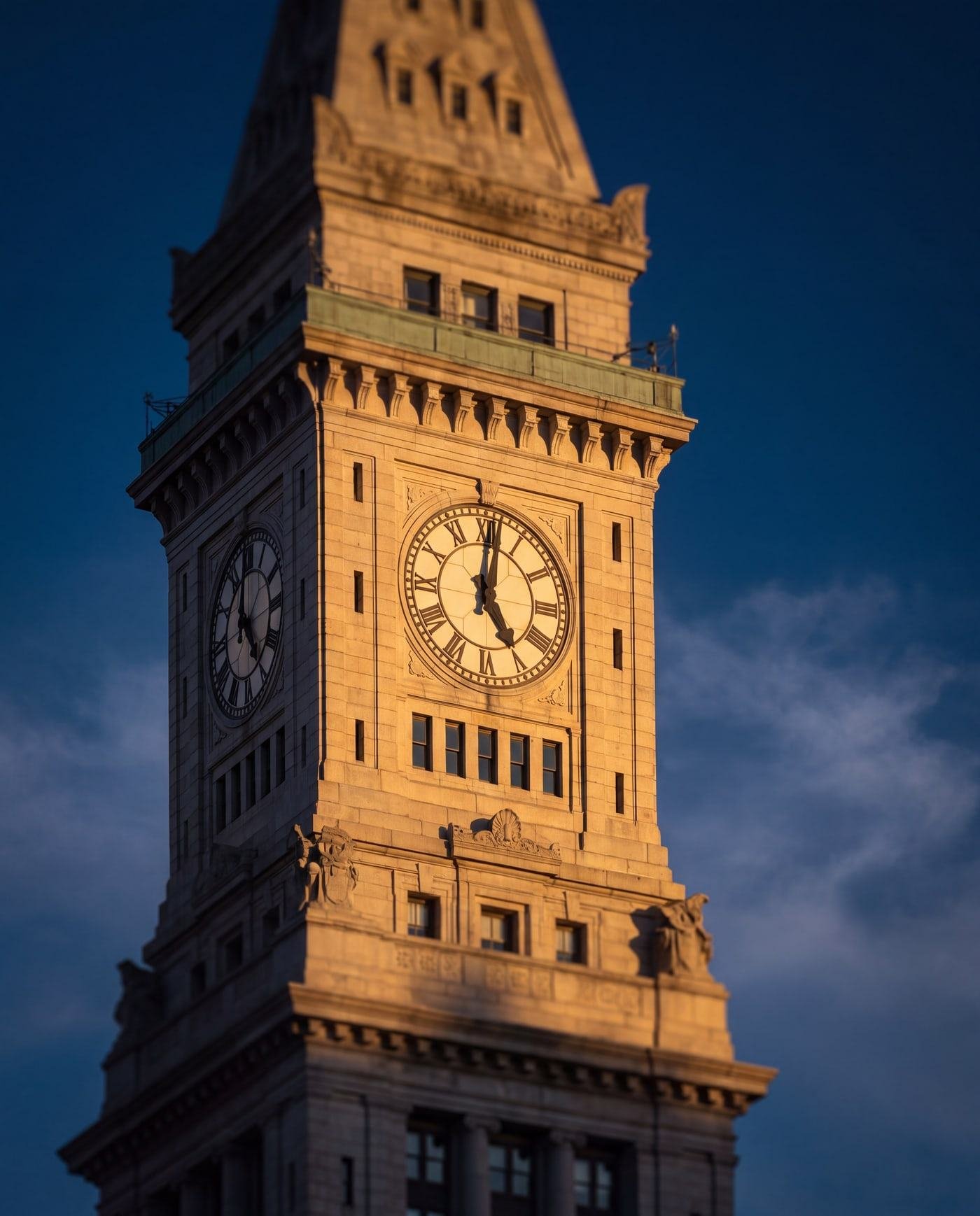 The clock of the Custom House Tower in Boston at the end of the day