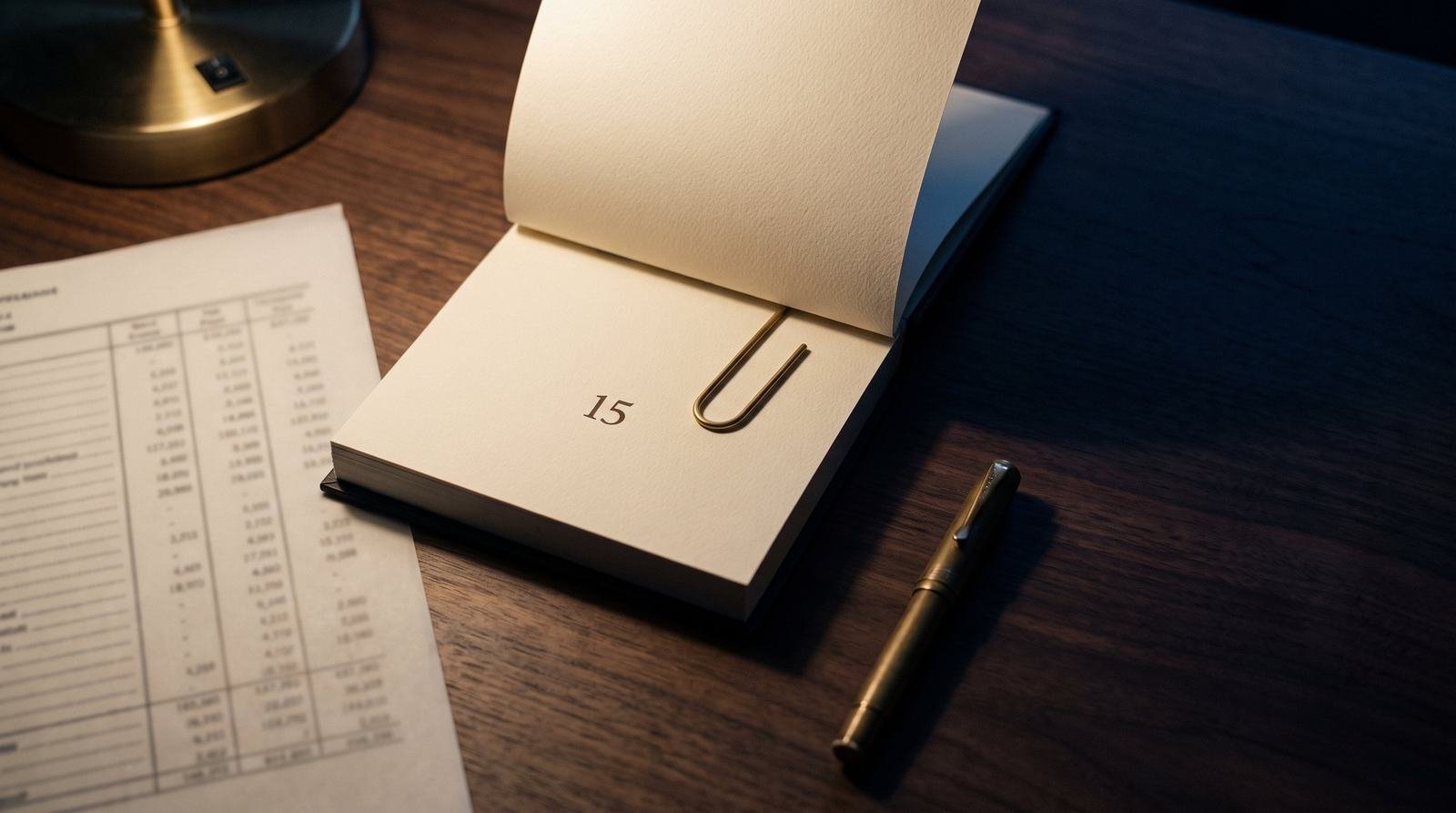 A desk calendar open on a walnut desk with a brass clip marking the fifteenth, a projection sheet and a fountain pen beside it