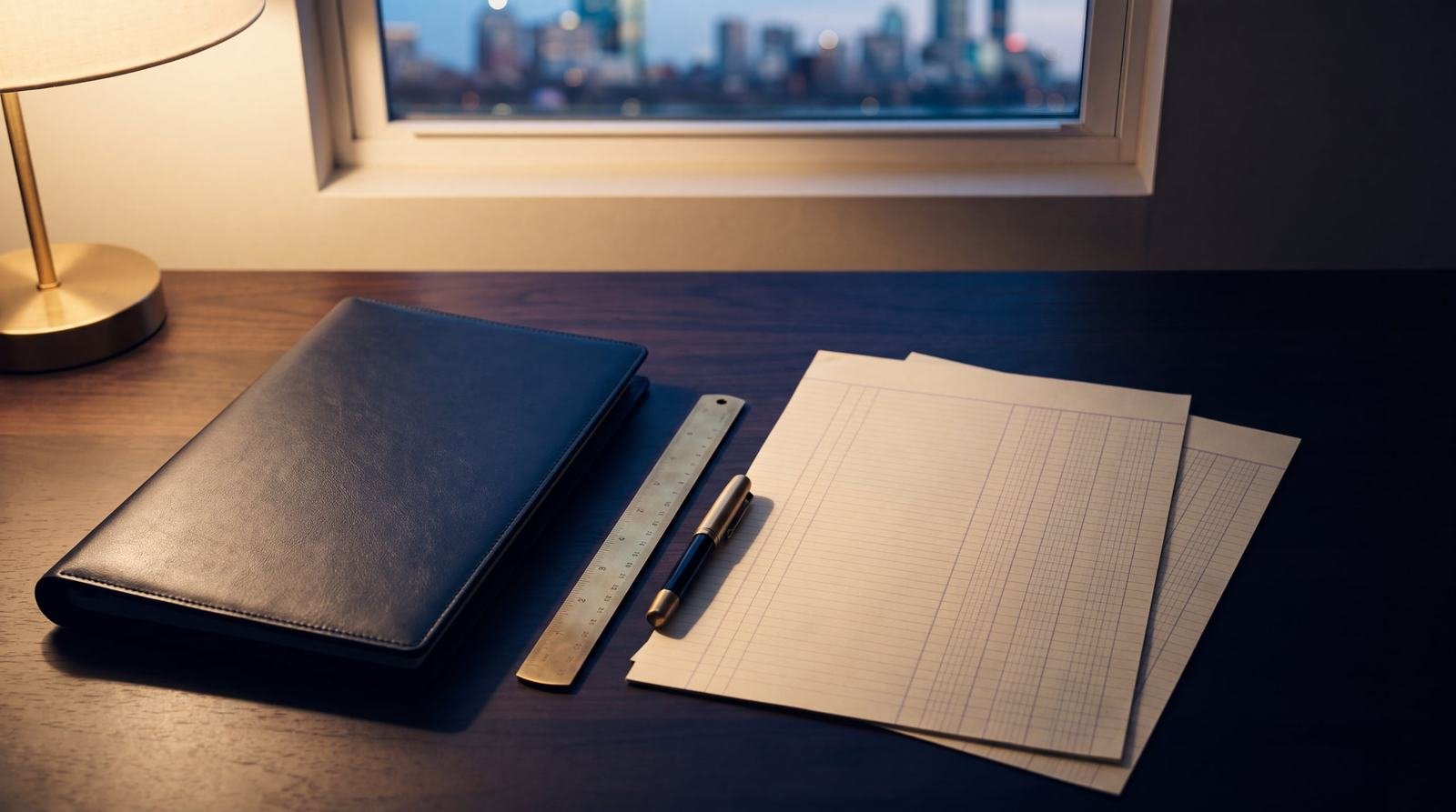 A folio, ruler and pen beside ledger sheets on a desk under a lamp, a window behind