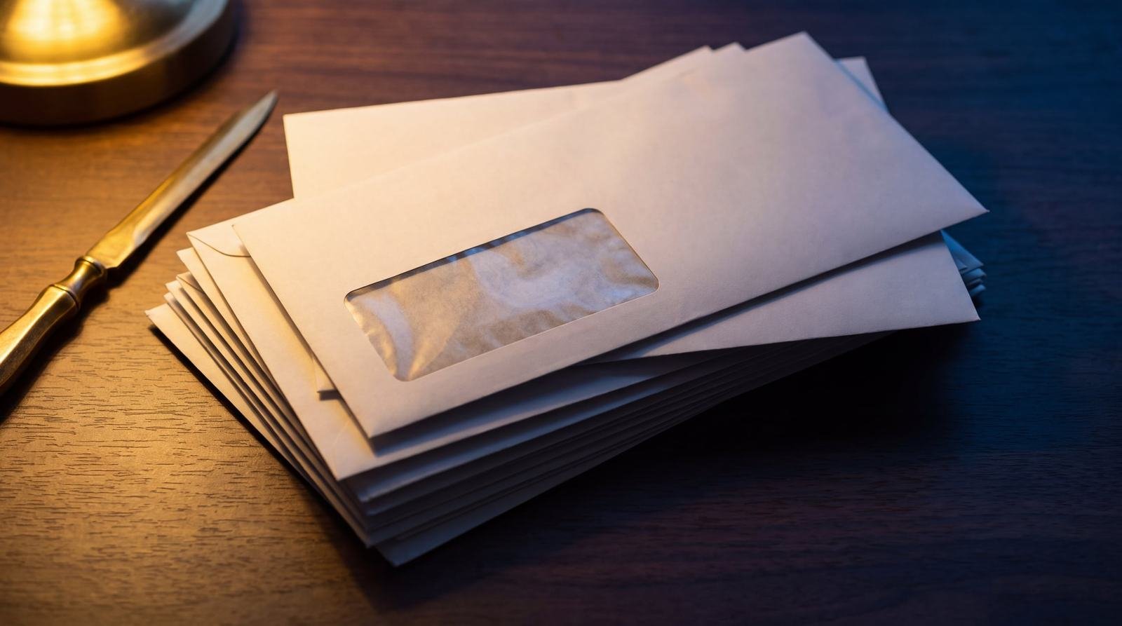 A stack of window envelopes on a desk beside a brass letter opener