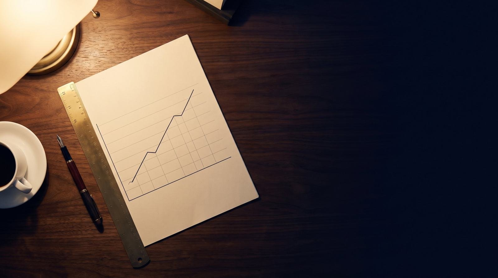A printed forecast with a rising line, a brass ruler across it, a fountain pen and a cup of coffee on a walnut desk