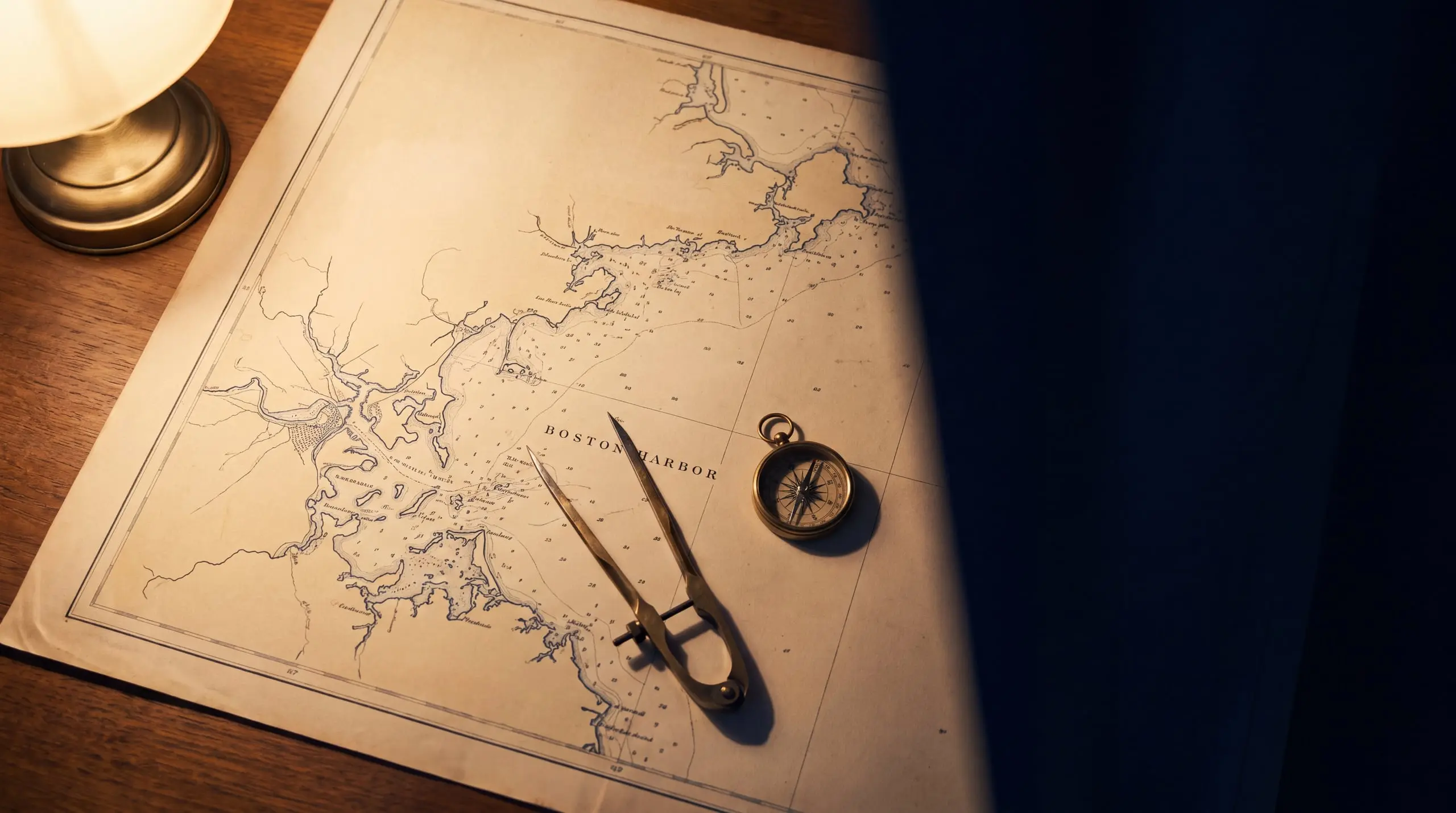A chart of Boston Harbor with dividers and a brass compass
