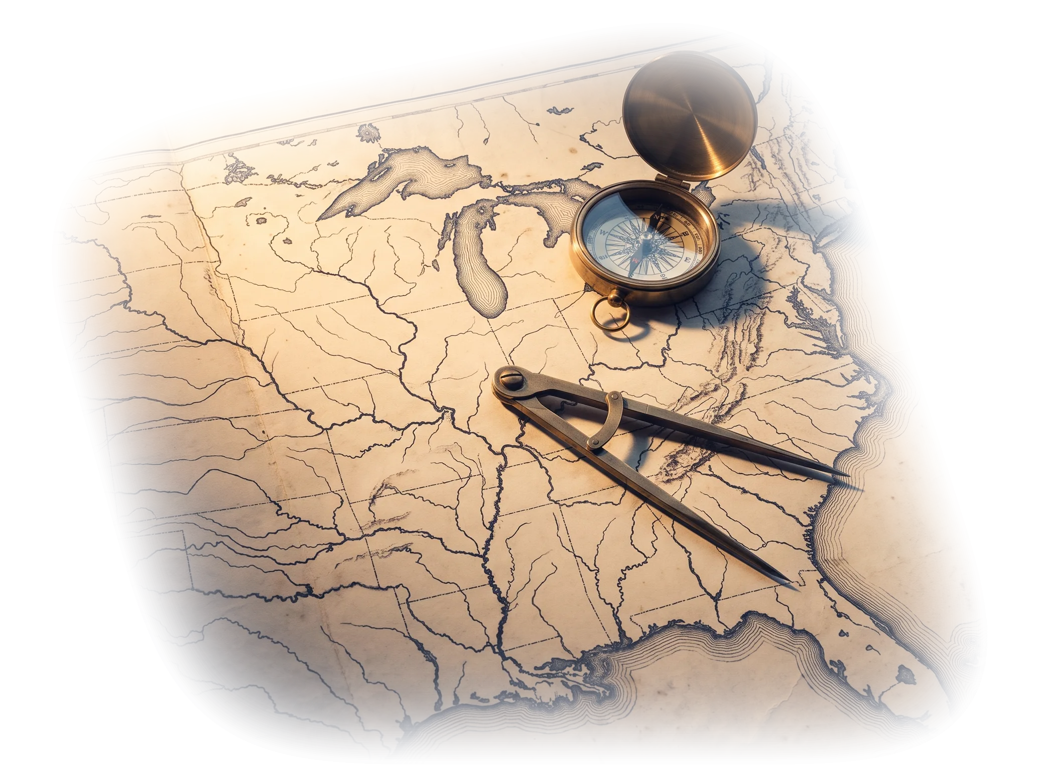 A brass compass and a pair of dividers resting on an antique map of the United States