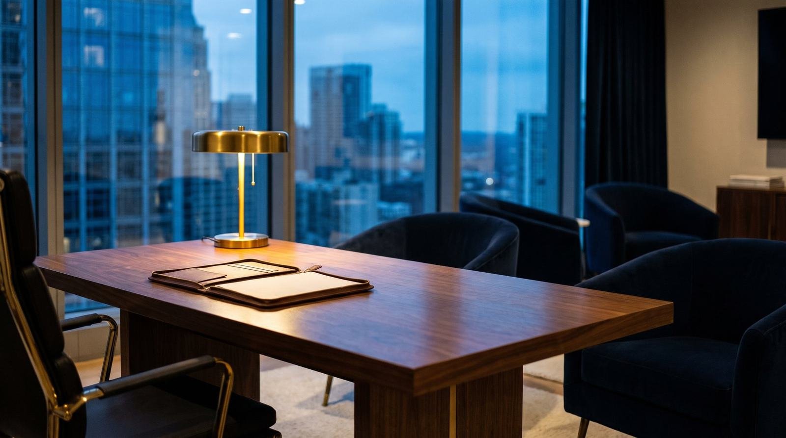 A private meeting room at dusk, a brass lamp on a walnut table and the city beyond the glass