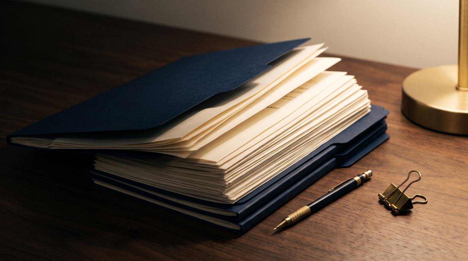 A stack of bank statements sorted into navy folders under a brass lamp, a binder clip and a pencil beside them