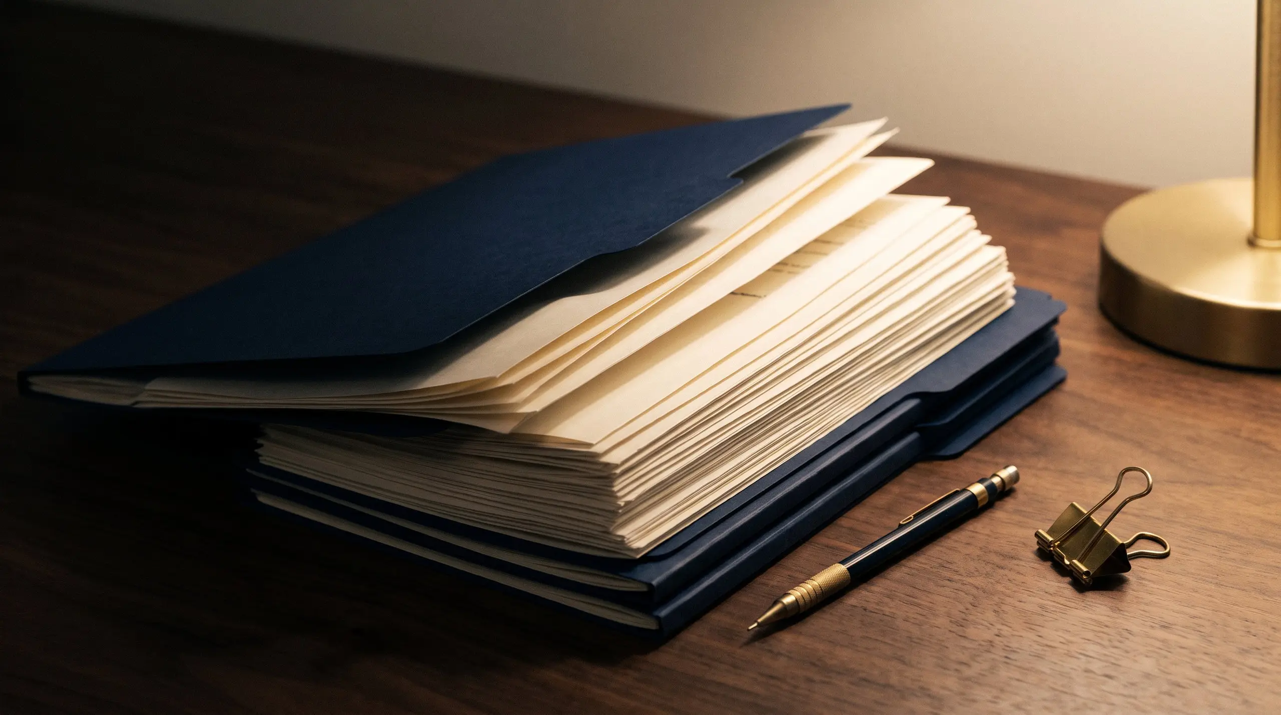A stack of bank statements sorted into navy folders under a brass lamp
