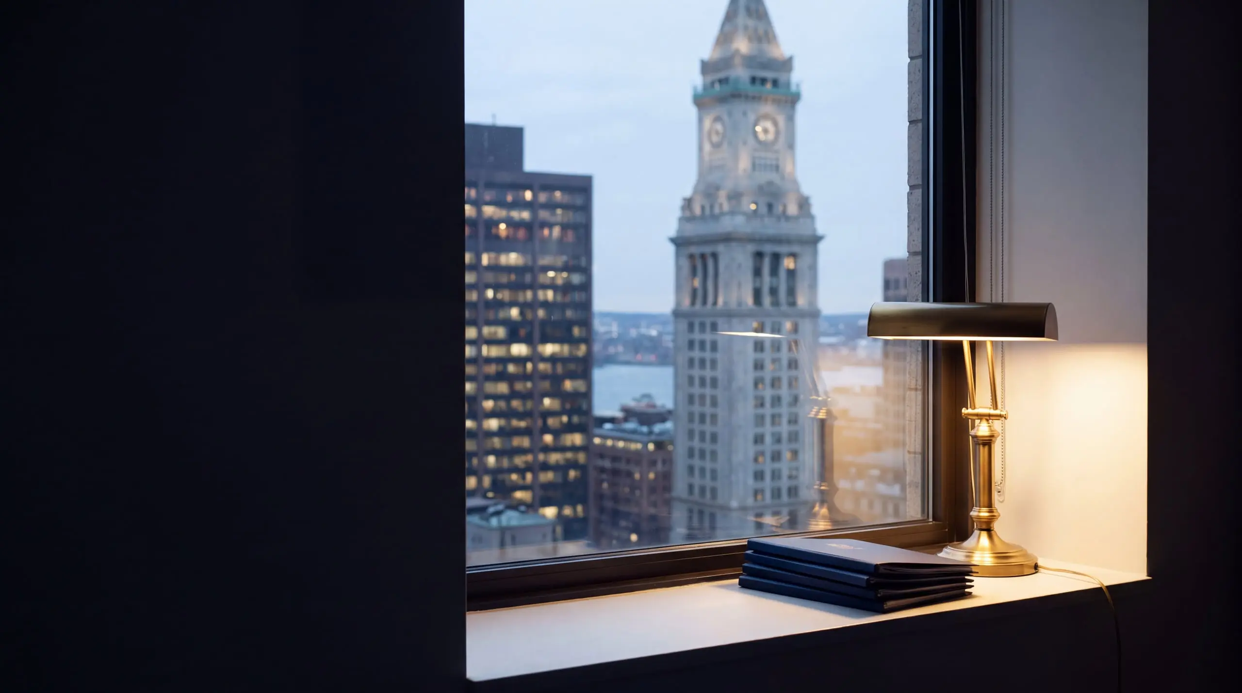 A brass desk lamp and folders on a sill with the Custom House Tower beyond